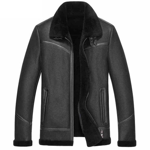 New Black SheepSkin Winter Leather Jackets For Men Turn Down Collar Wool Lining Sheepskin Coat Shearling