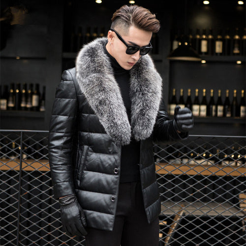 Men's Genuine Leather Jacket Thick Lambs Wool Jacket Male Fox Fur Collar Jaqueta Couro Masculino Plus Size Down Coat MZ1129