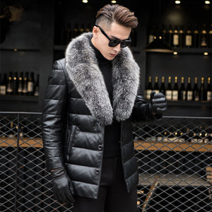 Men's Genuine Leather Jacket Thick Lambs Wool Jacket Male Fox Fur Collar Jaqueta Couro Masculino Plus Size Down Coat MZ1129