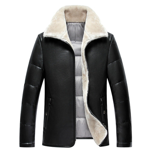 2016 Winter burst models men's lapel PU + 90% white duck down jacket + inside artificial lamb fur fur one pu leather jacket