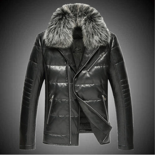 Sheep leather motorcycle real leather men down jacket fox fur collar short Slim plus size leather jacket male warm parkas MZ1150