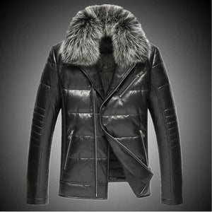 Sheep leather motorcycle real leather men down jacket fox fur collar short Slim plus size leather jacket male warm parkas MZ1150