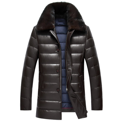Winter Middle-aged men lapel leather thick water mink collar PU leather down jacket male long paragraph solid color coat MZ1180