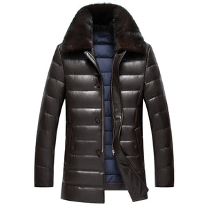Winter Middle-aged men lapel leather thick water mink collar PU leather down jacket male long paragraph solid color coat MZ1180
