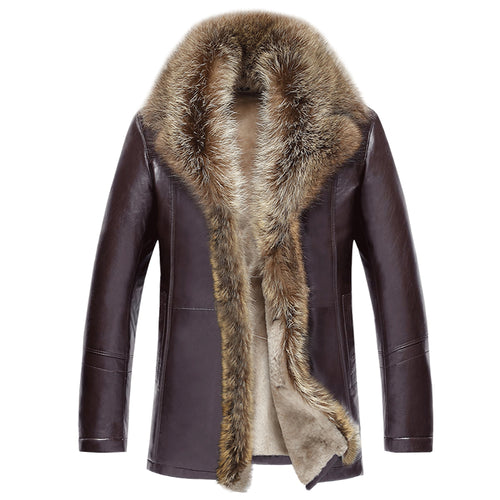 Men's Leather Jacket Lambs Wool Genuine Leather Jacket Male Thick Raccoon Fur Collar Jaqueta Couro Masculino Plus Size  MZ1105
