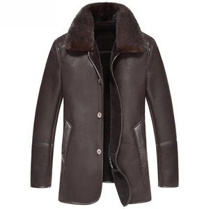New Arrival Plus Size Wool Lining Genuine Leather Man Jacket Loose Turn Down Collar Sheepskin Mens Coat Mink Fur Collar Abrigos