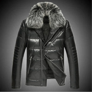 Sheep leather motorcycle real leather men down jacket fox fur collar short Slim plus size leather jacket male warm parkas MZ1150