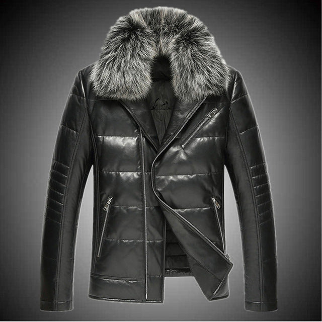 Sheep leather motorcycle real leather men down jacket fox fur collar short Slim plus size leather jacket male warm parkas MZ1150