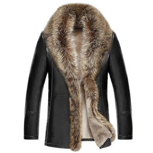 Men's Leather Jacket Lambs Wool Genuine Leather Jacket Male Thick Raccoon Fur Collar Jaqueta Couro Masculino Plus Size  MZ1105