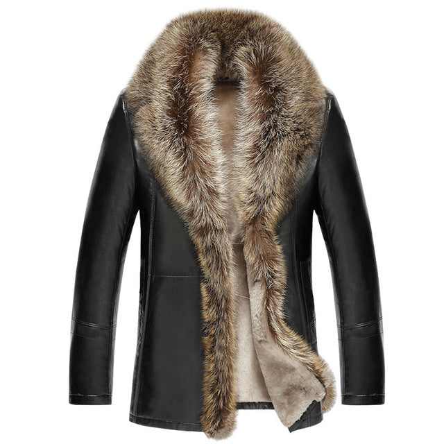 Men's Leather Jacket Lambs Wool Genuine Leather Jacket Male Thick Raccoon Fur Collar Jaqueta Couro Masculino Plus Size  MZ1105