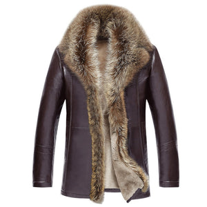 Men's Leather Jacket Lambs Wool Genuine Leather Jacket Male Thick Raccoon Fur Collar Jaqueta Couro Masculino Plus Size  MZ1105