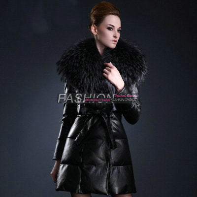 Free shipping  large raccoon fur collar female long thickening in down jacket coat  fashion women's warm genuine Leather coat