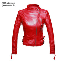 2017 New Autumen Winter Women 100% Real Leather Jackets Lady Genuine Cool Motorcycle Red Black Coat Outerwear Hot Sale