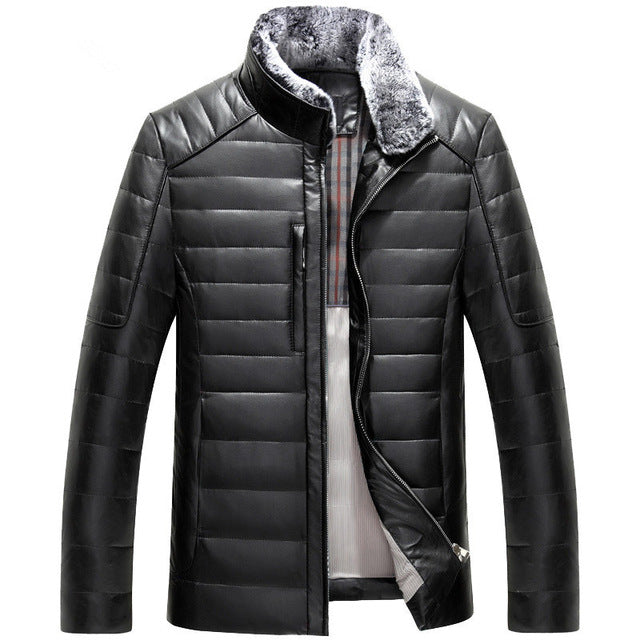 New real sheep leather men short style Slim stand collar leather down jacket male tide fashion outerwear solid color coat MZ1151