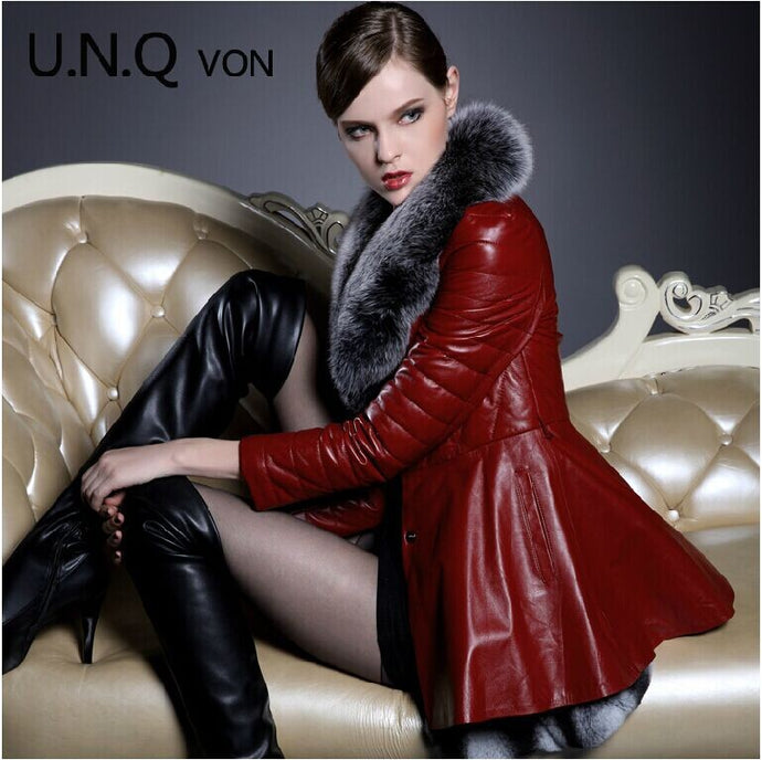 Free shipping Ladies winter warm long genuine leather down jacket,big fox collars  slim down jacket genuine leather fur clothing