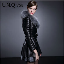 Free shipping Ladies winter warm long genuine leather down jacket,big fox collars  slim down jacket genuine leather fur clothing
