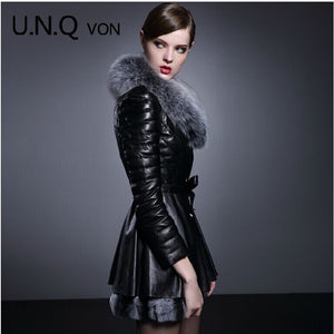 Free shipping Ladies winter warm long genuine leather down jacket,big fox collars  slim down jacket genuine leather fur clothing