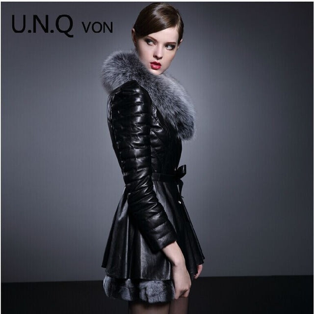 Free shipping Ladies winter warm long genuine leather down jacket,big fox collars  slim down jacket genuine leather fur clothing