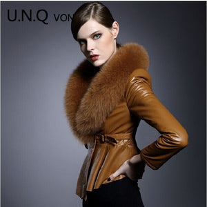 Free shipping 2014 new lady warm winter leather jacket, super fox fur collar slim jacket sheep skin leather female