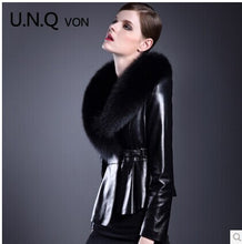 Free shipping 2014 new lady warm winter leather jacket, super fox fur collar slim jacket sheep skin leather female