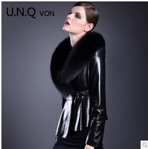 Free shipping 2014 new lady warm winter leather jacket, super fox fur collar slim jacket sheep skin leather female