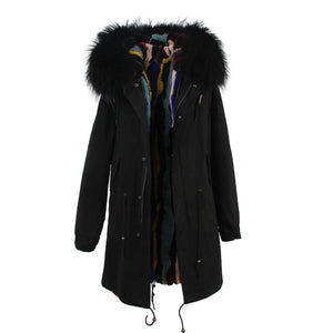 fur collar hooded long coat parka