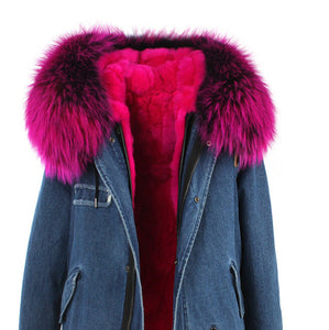 fur collar hooded long coat parka