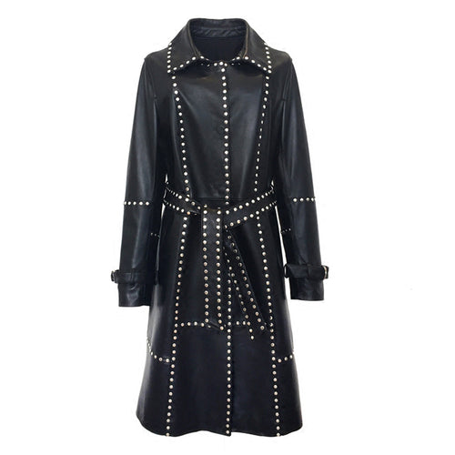 New Fashion Genuine Leather Jacket Women Winter Real Sheepskin Leather Coat Women Long Loose Rivet Jackets Ladies Female RL80829
