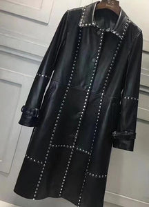 New Fashion Genuine Leather Jacket Women Winter Real Sheepskin Leather Coat Women Long Loose Rivet Jackets Ladies Female RL80829