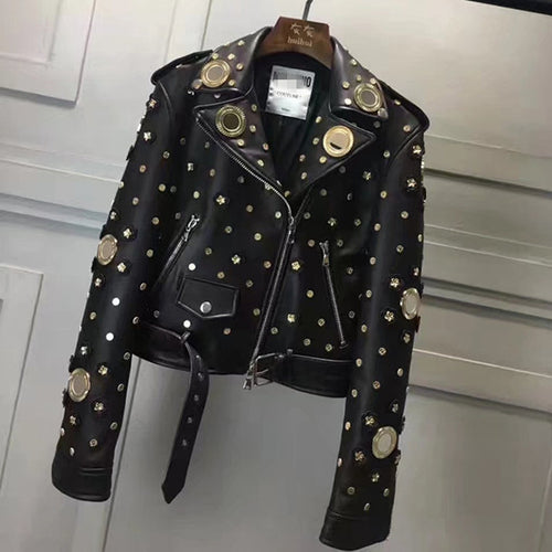 New Rivet Genuine Leather Jacket Women Winter Real Sheepskin Leather Jacket Women Punk Rock Motorcycle Coat Ladies Female RL021