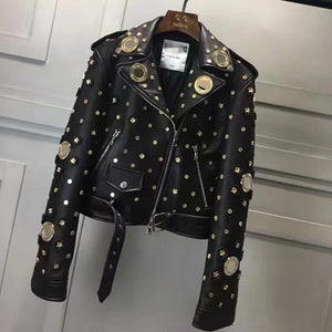 New Rivet Genuine Leather Jacket Women Winter Real Sheepskin Leather Jacket Women Punk Rock Motorcycle Coat Ladies Female RL021