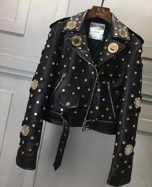 New Rivet Genuine Leather Jacket Women Winter Real Sheepskin Leather Jacket Women Punk Rock Motorcycle Coat Ladies Female RL021