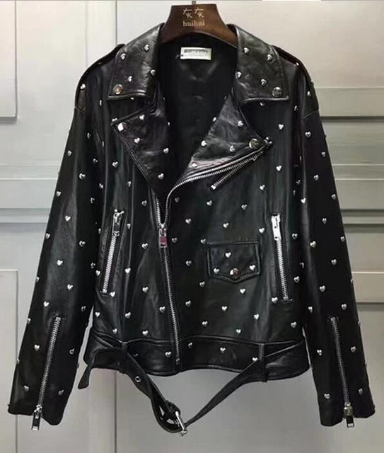 Fashion Genuine Leather Jacket Women Winter Real Sheepskin Leather Jacket Women Rivet Motorcycle Biker Coat Female Ladies RL013