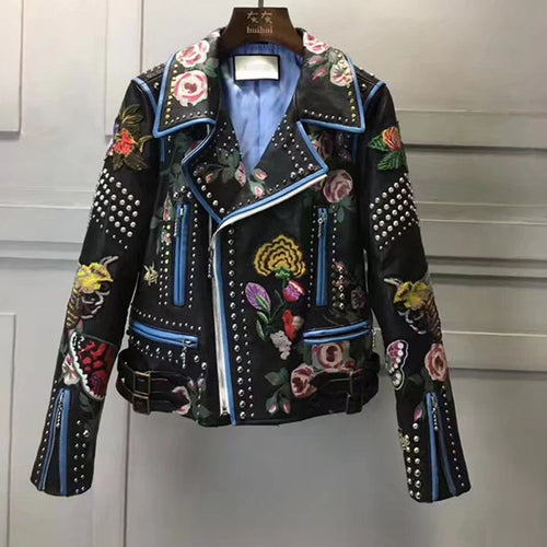 Genuine Leather Jacket Women Winter Real Sheepskin Leather Rivet Coat Woman Floral Honeybee Embroidery Jacket Female RL010