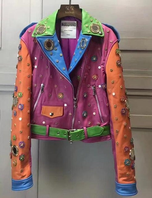 Fashion Colorful Genuine Leather Jacket Women Winter Real Sheepskin Leather Jacket Women Rivet Punk Coat Ladies Female RL80815
