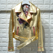 Fashion Gold Color Real Leather Jacket Women Winter Genuine Leather Jackets Women Floral Embroidery Coat Ladies Female RL80832