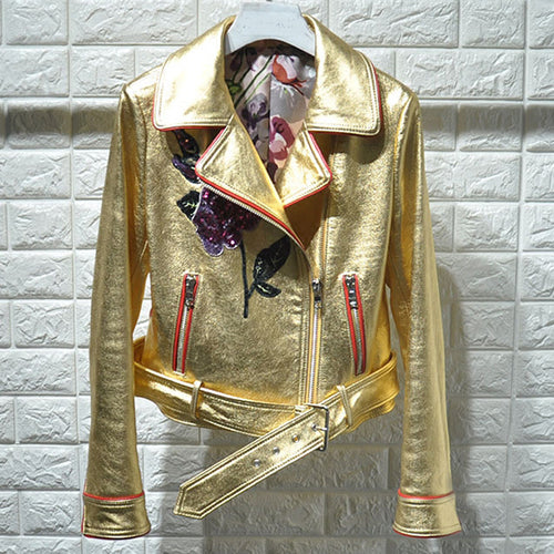 Fashion Gold Color Real Leather Jacket Women Winter Genuine Leather Jackets Women Floral Embroidery Coat Ladies Female RL80832