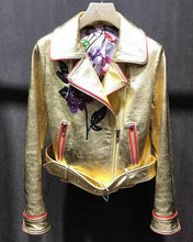 Fashion Gold Color Real Leather Jacket Women Winter Genuine Leather Jackets Women Floral Embroidery Coat Ladies Female RL80832