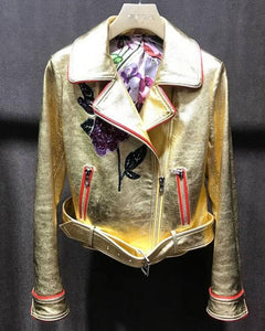 Fashion Gold Color Real Leather Jacket Women Winter Genuine Leather Jackets Women Floral Embroidery Coat Ladies Female RL80832