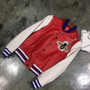 Fashion Real Leather Jacket Women Winter Genuine Leather Jackets Women Honeybee Embroidery Baseball Coat Ladies Female RL80834