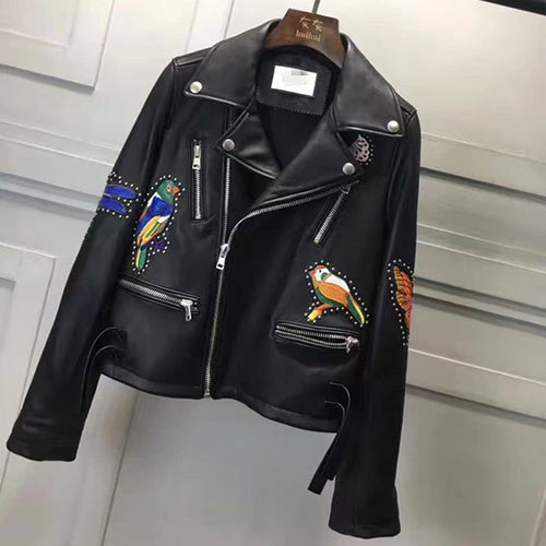 New Genuine Leather Jacket Women Winter Real Sheepskin Leather Coat Woman Floral Bird Embroidery Jackets Female Ladies RL80823
