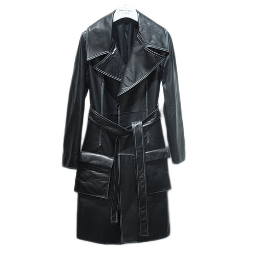 New Genuine Leather Jacket Women Winter Real Leather Coat With Belt Women Long Loose Rivet Jackets Ladies Female RL80833