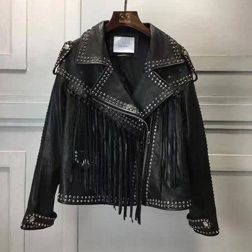 New Fashion Genuine Leather Jacket Women Winter Real Sheepskin Leather Coat Woman Rivet Tassels Jacket Ladies Female RL011