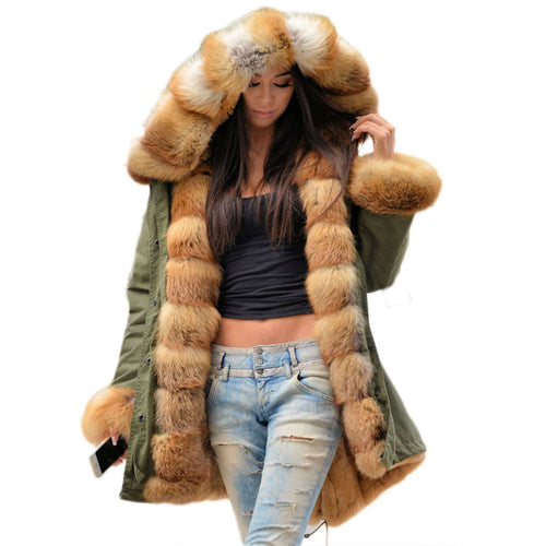 Real Fur Parka Women Winter Red Fox Fur Coat With Hood Jacket Women Genuine Rabbit Fur Lining Coat Female Long Fur Jackets
