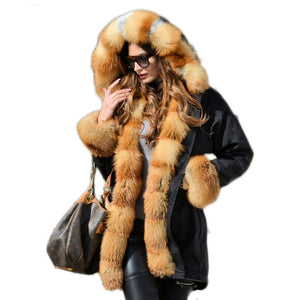 Real Fur Parka Women Winter Red Fox Fur Coat With Hood Jacket Women Genuine Rabbit Fur Lining Coat Female Long Fur Jackets