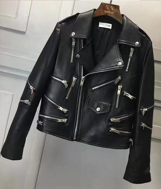 New Fashion Genuine Leather Jacket Women Winter Real Sheepskin Leather Coat Women Zipper Punk Jackets Female Ladies RL80822