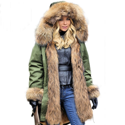 Real Fur Parka Women Winter Real Raccoon Fur Coat With Hood Jacket Woman Genuine Rabbit Fur Lining Coat Female Long Fur Jackets