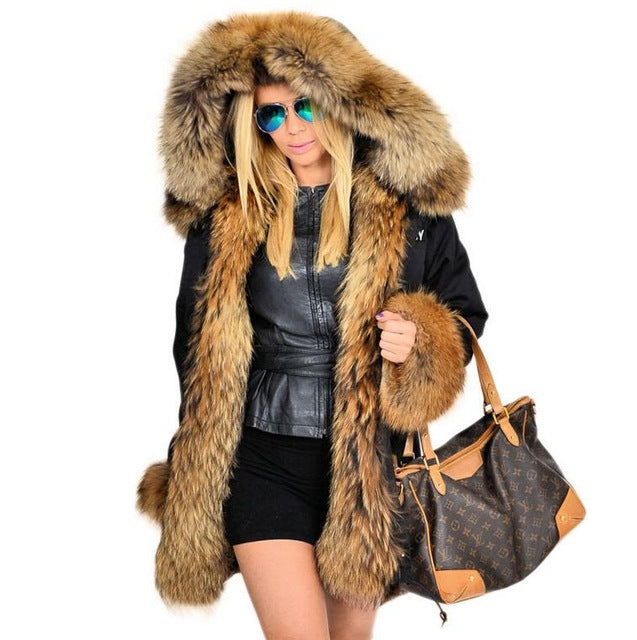 Real Fur Parka Women Winter Real Raccoon Fur Coat With Hood Jacket Woman Genuine Rabbit Fur Lining Coat Female Long Fur Jackets