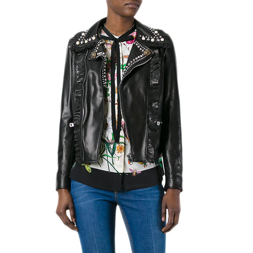 Genuine Leather Jacket Women Winter Fashion Real Sheepskin Leather Jacket Women Rivet Motorcycle Biker Coat Female Ladies RL001