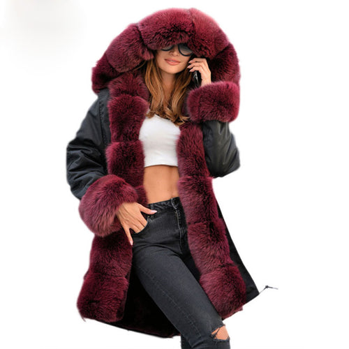 Real Fur Parka Women Winter Real Fox Fur Coats With Hood Jacket Woman Genuine Rabbit Fur Lining Coat Ladies Long Fur Parka
